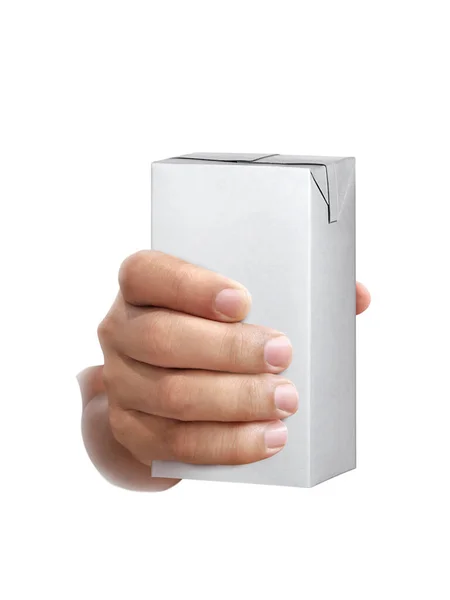 Χαρτοκιβώτιο Συσκευασίας Γάλα Χυμό Στο Χέρι Που Απομονώνονται Λευκό Φόντο — Φωτογραφία Αρχείου