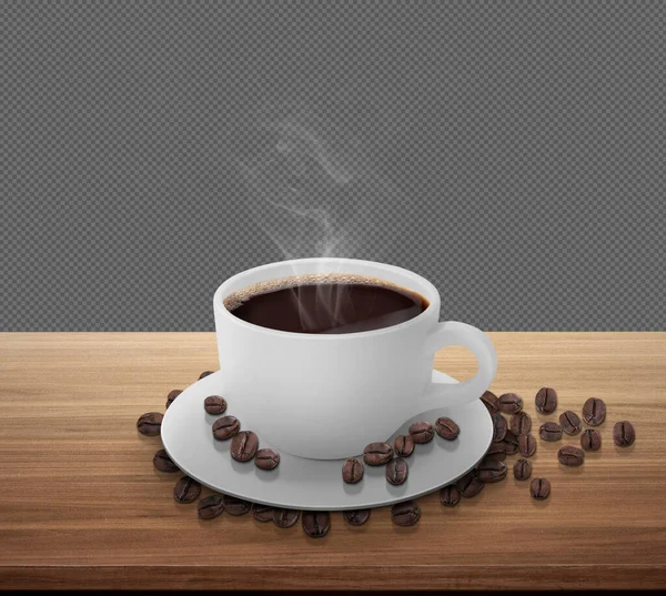 Kahve Fincanı Fasulye Şeffaf Arka Planda Izole Edilmiş Dumanla Ahşap — Stok fotoğraf