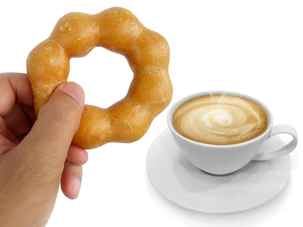 Donut Man Hand Hot Coffee Isolated White Background — Fotografia de Stock