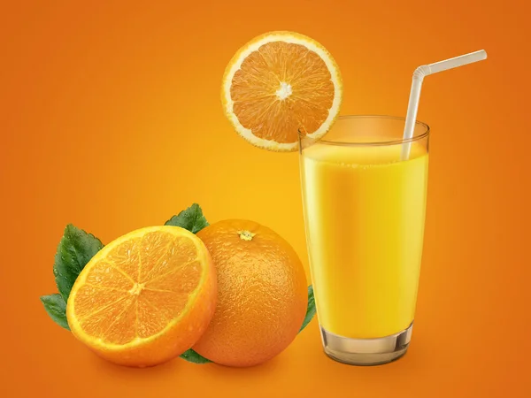 Succo Arancia Fresco Con Frutta Confezionamento Isolato Fondo Arancione — Foto Stock