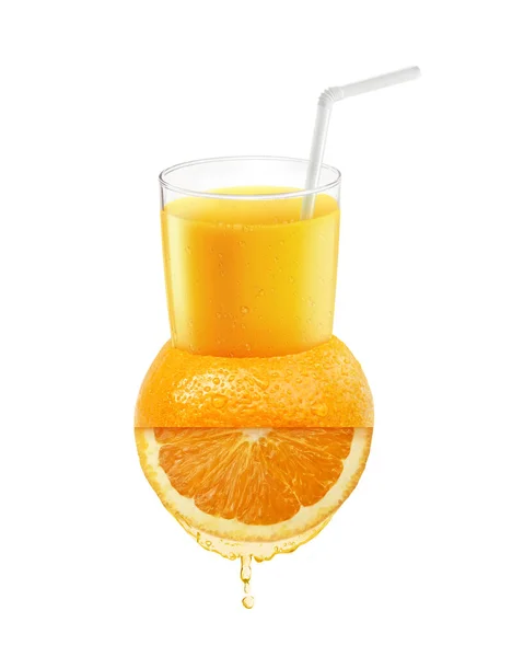 Jus Orange Frais Avec Paille Sur Les Fruits Orange Pose — Photo