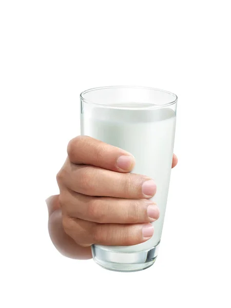 Ποτήρι Γάλα Στο Χέρι Που Απομονώνονται Λευκό Φόντο — Φωτογραφία Αρχείου