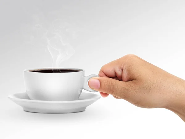 白い背景の上のコーヒー カップを持つ手 — ストック写真