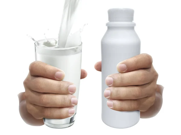 Mano Con Vaso Leche Botella Leche Sobre Fondo Blanco —  Fotos de Stock