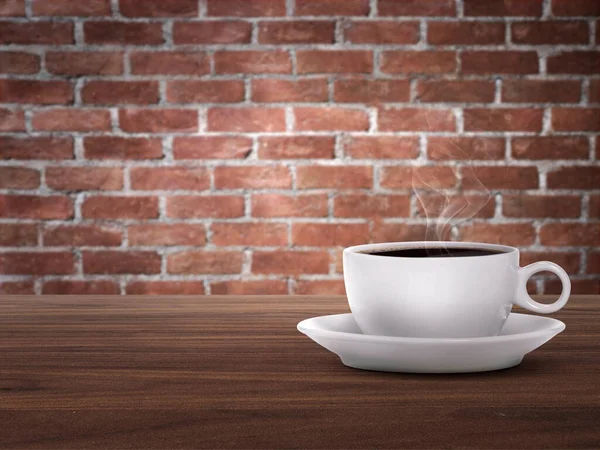 Taza Café Caliente Madera Contra Fondo Pared Ladrillo Rojo — Foto de Stock