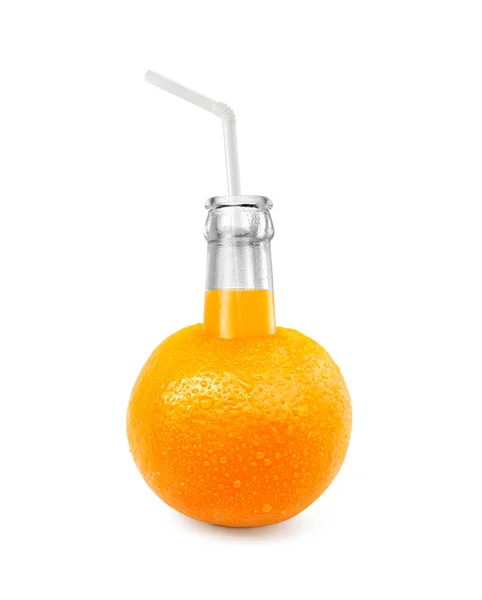 Botella Zumo Naranja Con Paja Sobre Fruta Naranja Acostado Concepto — Foto de Stock