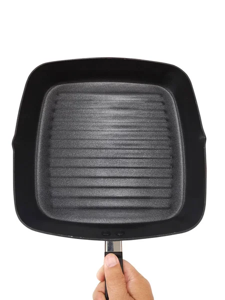 Male Hand Holds Frying Pan Isolated White Top View — Stock Photo, Image