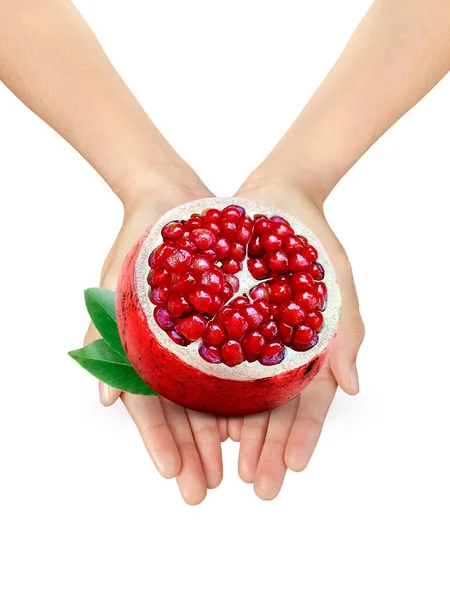 Mooie Vrouw Hand Met Een Sappige Granaatappel Fruit Een Witte — Stockfoto