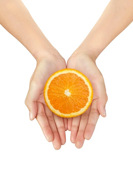 Beautiful Woman Hand Holding Orange Slice White Isolated Background — Stock Photo, Image