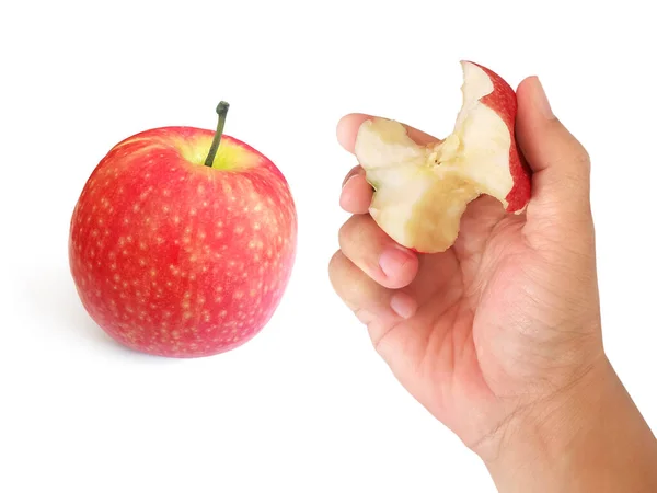 Ruka Drží Červené Jablko Izolované Bílém Pozadí — Stock fotografie