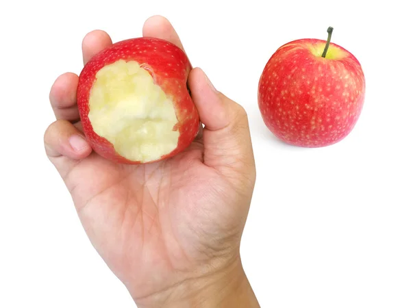 Mano Sosteniendo Manzana Roja Aislada Sobre Fondo Blanco — Foto de Stock