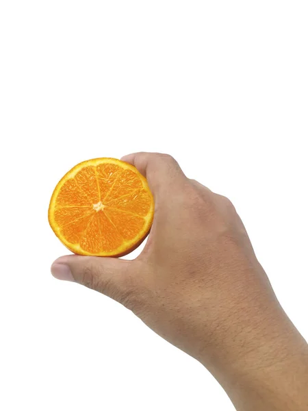 Hand Hålla Skiva Orange Isolerad Vit Bakgrund — Stockfoto