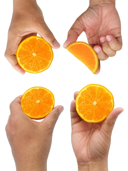 Hand Hålla Skiva Orange Isolerad Vit Bakgrund — Stockfoto