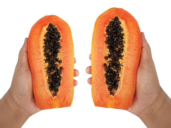 Mand Hånd Med Halv Moden Papaya Isoleret Hvid Baggrund - Stock-foto