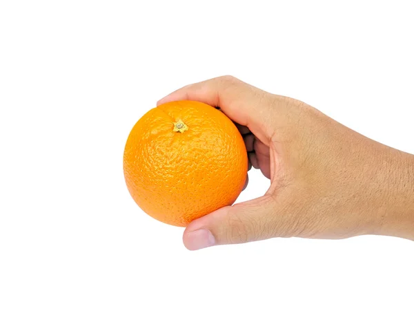 Laranja Segurar Uma Mão Fundo Branco — Fotografia de Stock