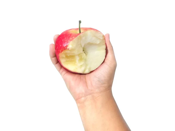 Roter Apfel Mit Fehlendem Biss Der Hand Isoliert Auf Weißem — Stockfoto