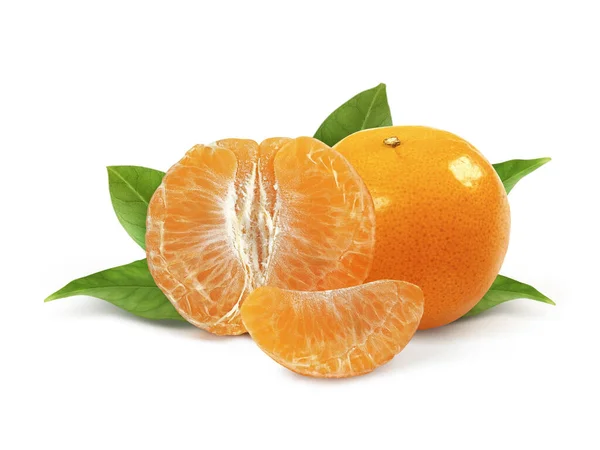 Mandarinen Oder Mandarinenfrüchte Mit Isolierten Blättern Auf Weißem Hintergrund — Stockfoto