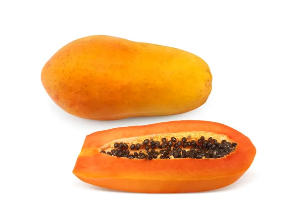 Hele Halve Modne Papaya Frugt Med Frø Isoleret Hvid Baggrund - Stock-foto