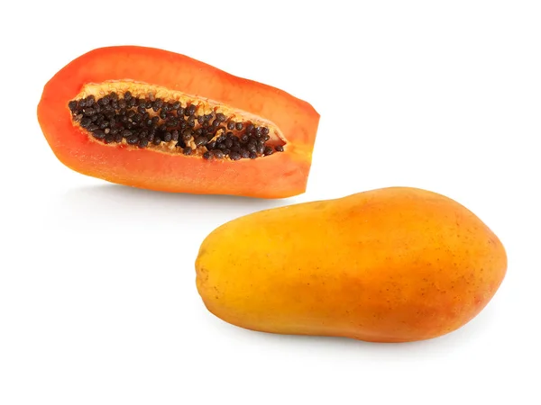 Whole Half Ripe Papaya Fruit Seeds Isolated White Background — Stock Photo, Image