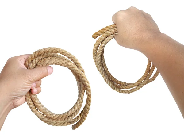 人間の手はロープにつかまって 白い背景の上 — ストック写真