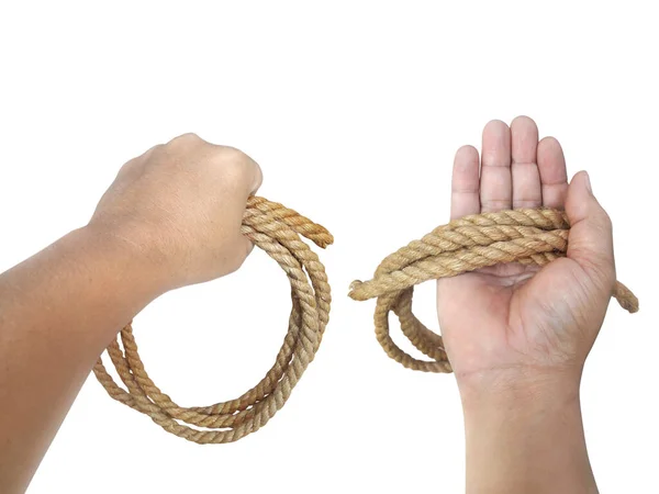 Mannes Hand Das Seil Festzuhalten Auf Weißem Hintergrund — Stockfoto