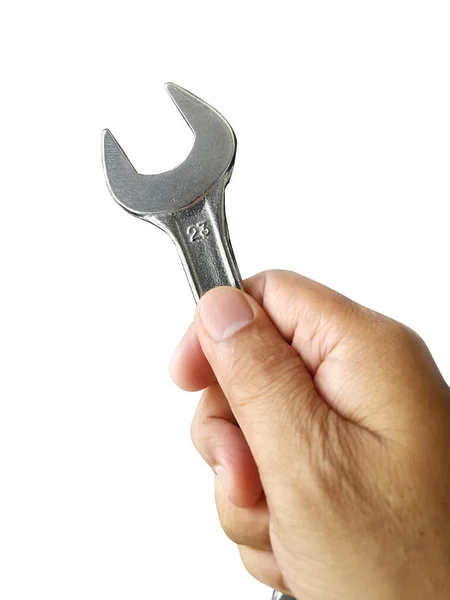 Schraubenschlüssel Und Hand Mit Weißem Hintergrund Handwerkszeug — Stockfoto