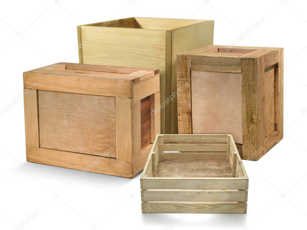 yellowish wooden crates isolated on white background