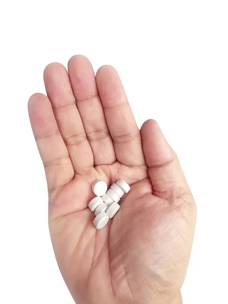 Punhado Pílulas Brancas Mão Fundo Branco — Fotografia de Stock
