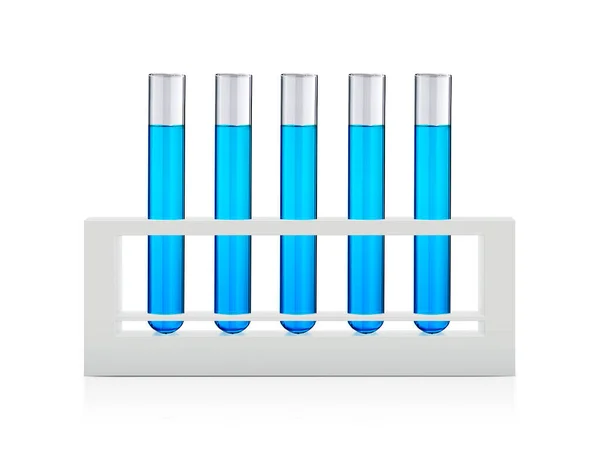 Blauwe Vloeistoffen Reageerbuizen Die Een Witte Achtergrond Zijn Geïsoleerd — Stockfoto