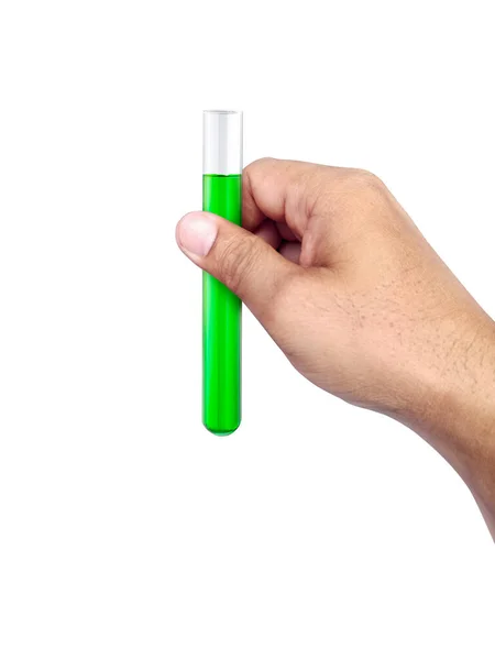 Beyaz Izole Arka Planda Elinde Kimyasal Test Tüpü — Stok fotoğraf