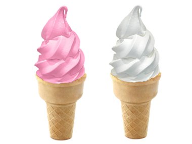 Beyaz arka planda çilekli, vanilyalı dondurma.