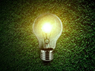 Çimen alan arka planında parıldayan ampullerle kavram yaratıcılığı