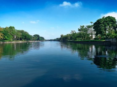 Parkın ortasında büyük bir havuz parlak mavi gökyüzü ile çevrili büyük ağaçlarla doludur.