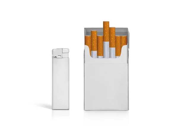 Embalagem Cigarros Isqueiros Isolados Sobre Fundo Branco — Fotografia de Stock