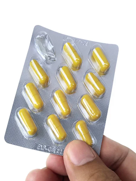 Панель Желтых Капсул Лекарств Изолированных Белом Фоне — стоковое фото