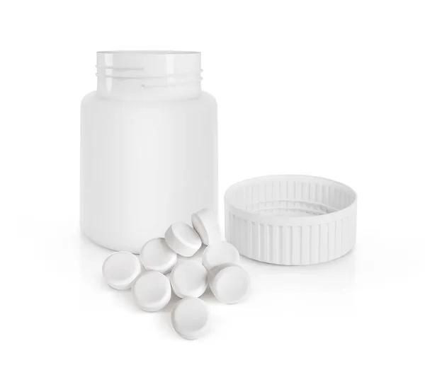 漏出的药瓶孤立在白色背景上的药丸 — 图库照片
