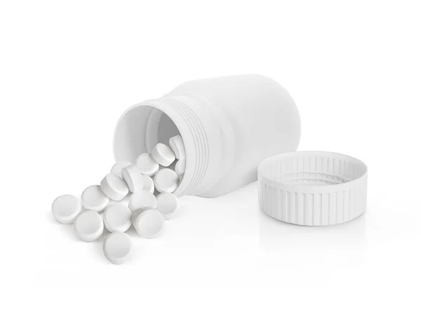 Tabletták Ömlött Pirulát Üveget Elszigetelt Fehér Background — Stock Fotó