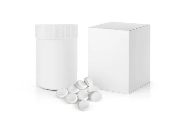 Χάπι Μπουκάλι Και Πακέτο Έτοιμο Λευκά Χάπια Που Απομονώνονται Λευκό — Φωτογραφία Αρχείου