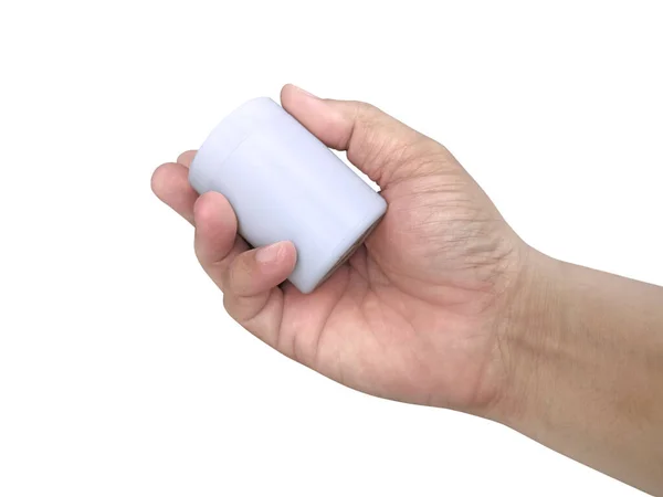 Пляшка Таблетки Руці Ізольована Білому Тлі — стокове фото