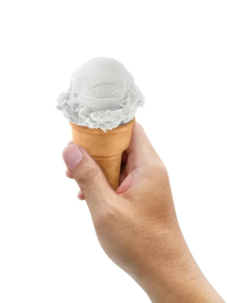 Mand Hånd Holder Ice Cream Scoop Kegle - Stock-foto
