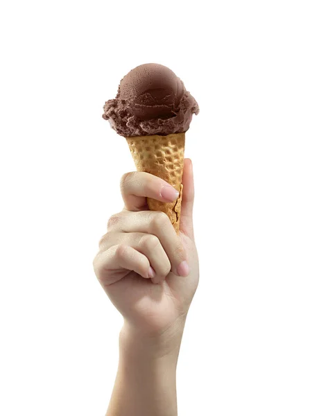 Una Mano Donna Che Tiene Gelato Cioccolato Scoop Cono — Foto Stock