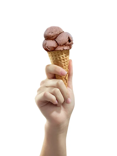 Uma Mão Mulher Segurando Colher Sorvete Chocolate Cone — Fotografia de Stock