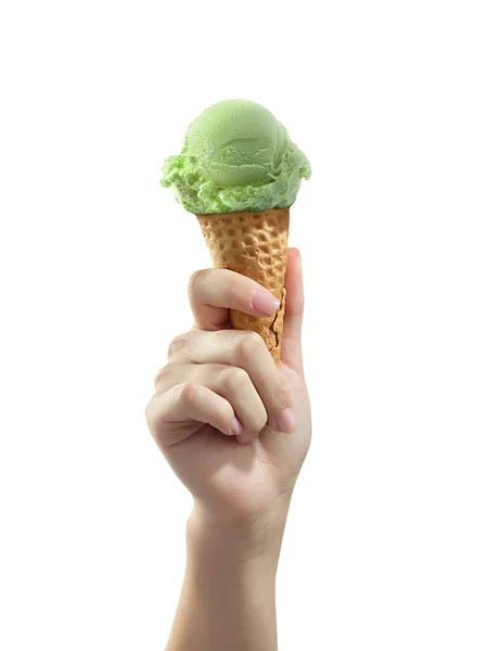 Una Mano Mujer Sosteniendo Cucharada Helado Cono — Foto de Stock