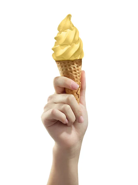 Una Mano Donna Che Tiene Vaniglia Gelato Scoop Cono — Foto Stock