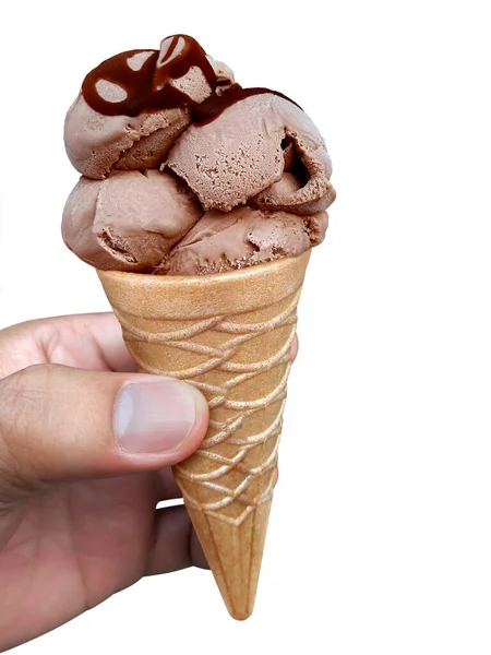 Σοκολάτα Παγωτό Χωνάκι Στο Χέρι Άνθρωπος — Φωτογραφία Αρχείου
