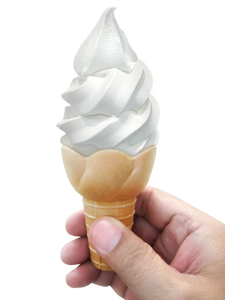 Άνθρωπος Χέρι Κρατώντας Ένα Χωνάκι Παγωτό Λευκό Φόντο — Φωτογραφία Αρχείου
