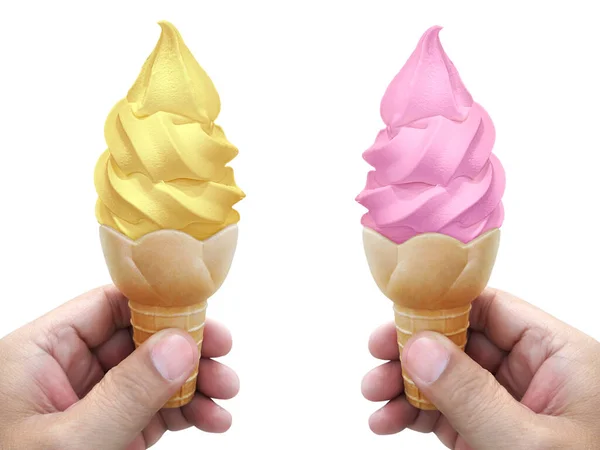 Mano Hombre Sosteniendo Cono Helado Sobre Fondo Blanco — Foto de Stock