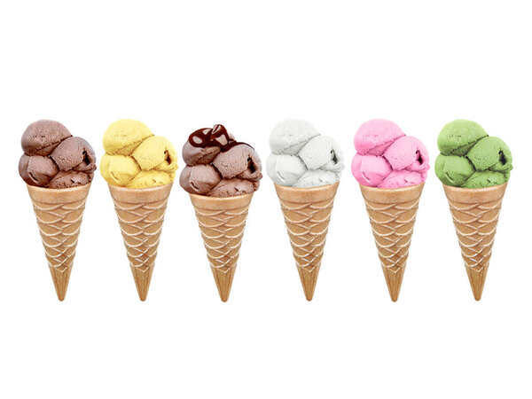 Set of ice cream in waffle cone isolated on white background