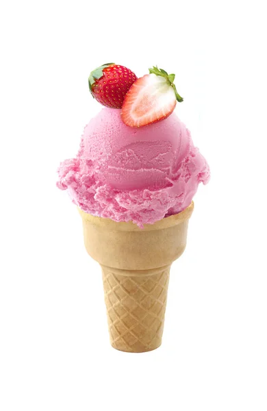 Παγωτό Φράουλα Στο Χωνάκι Λευκό Φόντο — Φωτογραφία Αρχείου