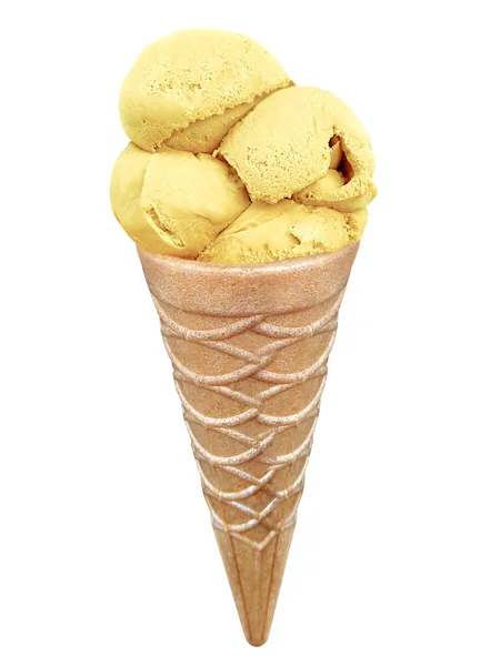 白色背景的锥形冰淇淋中的香草冰淇淋 — 图库照片